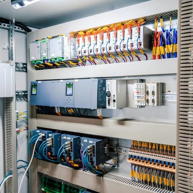 Cuadro eléctrico y de control abierto, con autómatas y cableado