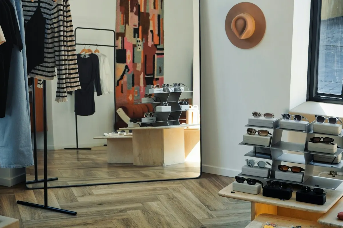 Tienda de moda luminosa, con burros de ropa, un gran espejo y gafas de sol expuestas sobre suelo de espiga.