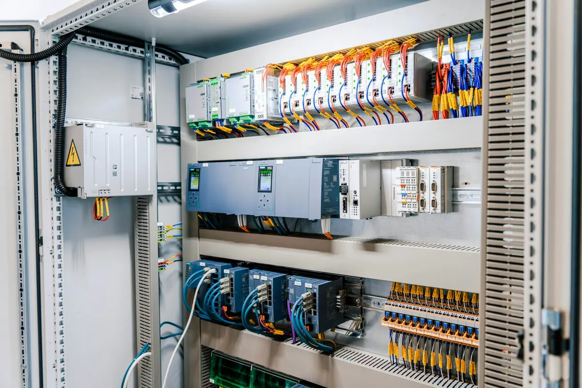 Cuadro eléctrico y de control abierto, ordenado y bien iluminado.
